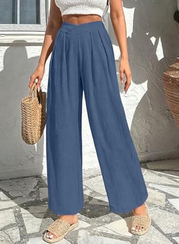 Acelitt Women Summer 2026 Casual Fashion High Waist Wide Leg Pants Loose Work Palazzo Office Business Suit Pants Trousers Blue XL - Thumbnail 5