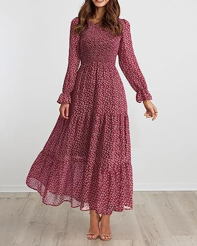 BTFBM Women Casual Long Sleeve Crew Neck Fall Dress Bohemian Relaxed Fit Floral Flowy Maxi Dresses Tiered Cocktail Dress(Floral Red White,X-Large) - Thumbnail 2