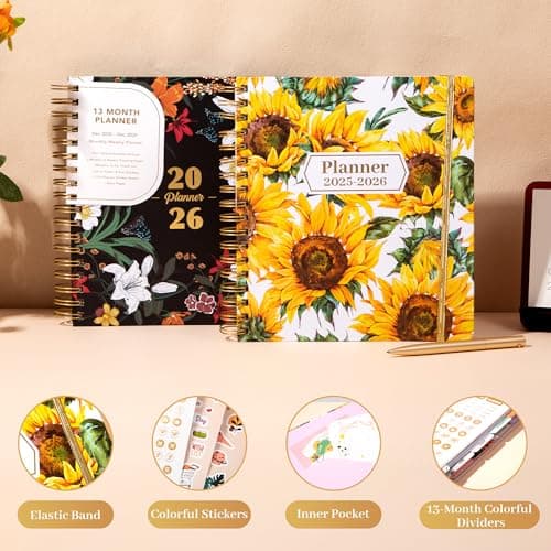 CAGIE 2026 Planner Weekly and Monthly from Dec 2025 to Dec 2026 Hardcover Spiral Bound Calendar Yearly Agenda Planners for Women with Stickers, 8.3 x 9.1, Yellow Sunflower - Thumbnail 4