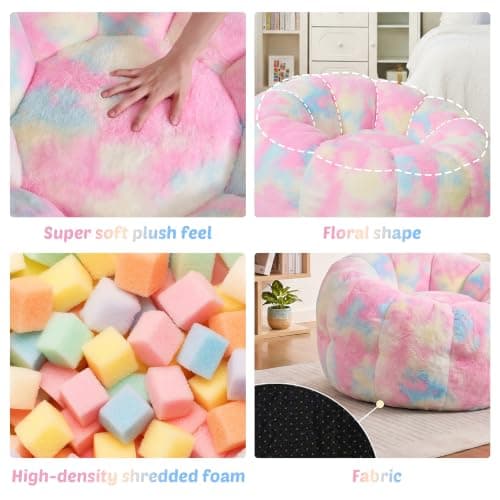 Cvortll Bean Bag Chair, Floral Shaped Beanbag, Faux Fur Adult Teen Kids Comfy Chair with Petal Armrest Chair, Bean Bag Couch for Bedroom, Living Room, Dorm, Game (Colorful) - Thumbnail 6