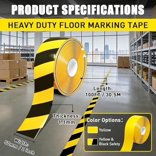 OWYR Floor Marking Tape, 1.1mm Extra Thick Heavy Duty Yellow and Black Safety Tape, 2 Inch Width x 100FT Industrial Adhesive Caution Tape for Warehouse, Factory, Forklift & High Traffic Floors - Thumbnail 2