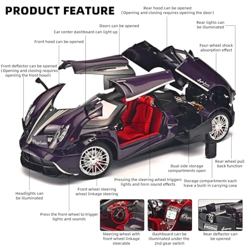 RZAPE Car Toys for Boys 1 18 Scale Diecast Cars Compatible for Pagani Huayra Dinastia Model Car Kits Collection,Metal Pull Back Cars with Light and Sound,Toy Cars for Boys Age 4-7（Purple） - Thumbnail 3