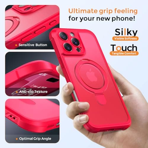MOCCA Design for iPhone 16 Pro Case with Magnetic Invisible Stand [Full Camera Protection] [Compatible with Magsafe] Military Drop Shockproof Translucent Matte Phone Case Cover 6.3",Red - Thumbnail 6