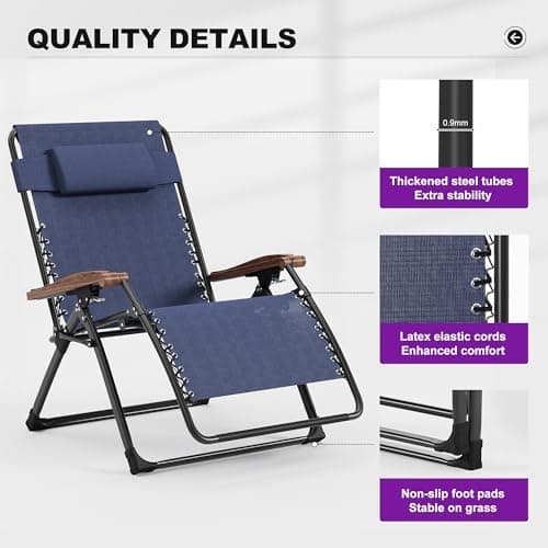 PURPLE LEAF Extra Wide Outdoor Reclining Chair Patio Zero Gravity Chaise Lounge Folding Chair with Removable Cushion Adjustable Headrest for Lawn Camping Beach Pool Navy Blue - Thumbnail 6