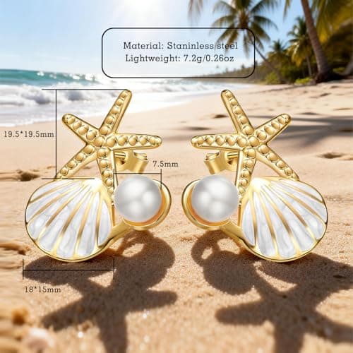 Stainless Steel Starfish & Seashell Earrings for Women | Elegant Pearl Drop Dangle Earrings with Starfish Top, Hypoallergenic Beach Vacation Jewelry | Summer Tropical Outfits, Dresses Trendy 2026 Fashion Accessories (White) - Thumbnail 5