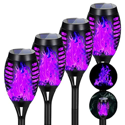AOUNQ Solar Lights Outdoor Halloween Decorations, Upgraded 4 Pack Purple Solar Torch Lights with Flickering Flame, Waterproof Halloween Lights Outdoor, Tiki Torches for Outside Patio Pathway Decor