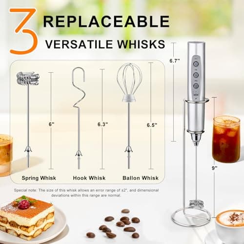 YUSWKO Silver Rechargeable Milk Frother for Coffee with Stand, Handheld Drink Mixer with 3 Heads 3 Speeds Electric Stirrers for Latte, Cappuccino, Hot Chocolate, Egg - Thumbnail 4