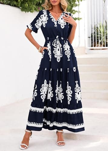Lazysmile Summer Dresses for Women Short Sleeve V Neck Floral Drawstring Flowy A Line Boho Maxi Dress with Pockets Navy - Thumbnail 3