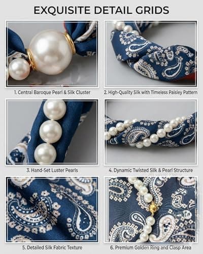 Layered Silk Scarf Choker Necklace for Women Fashion Boho Paisley Pearl Bandana Necklaces with Charms Formal Costume Prom Jewelry Gift - Thumbnail 4