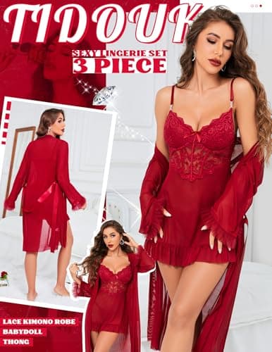 Tidouk Women Sexy Lingerie Set 3 Piece Lace Babydoll Lingerie Dress with Mesh Kimono Robe Nightwear(Wine Red, Large) - Thumbnail 2