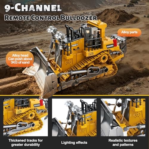 ADTHLIER Remote Control Excavator (11-Channel), Dump Truck, Bulldozer, Loader (9-Channel), 2.4GHz Remote Control Construction Vehicles, Metal Construction, with Cool Lights and Sound Effects, 4-Pcs - Thumbnail 6