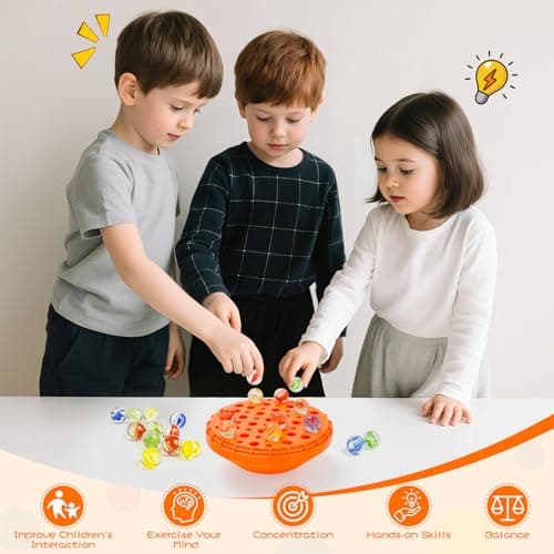 Marble Balance Game - 50 Colorful Marbles with Built-in Storage, Fun Family Challenge for 1-4 Players, Educational Toy for Kids & Adults, Perfect for Parties, Travel & Birthday Gifts (Pumpkin Orange) - Thumbnail 6