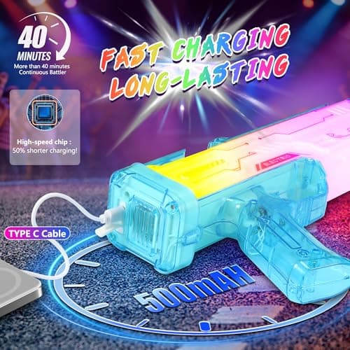 Electric Water Gun for Kids Adults, Automatic Squirt Gun Soaker with Spray Sound and Led Lights, Rechargeable Battery Water Blaster Up to 25 FT Range, Summer Outdoor Toys for Beach Pool Game - Thumbnail 3