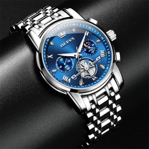 OLEVS Watch Men Luxury Blue Big Face Silver Stainless Steel Dress Wrist Moon Phase Chronograph Waterproof Watches for Men Analog Quartz Cheap Luminous Mens Watches Relojes para Hombres - Thumbnail 3