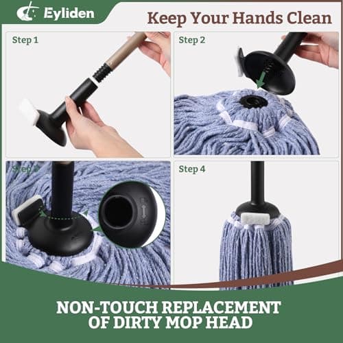 Eyliden String Mop, Wet & Dry Cotton Mop | Non-Touch Replacement, 2 Reusable Heads, 4 Scouring Pads, Adjustable Handle, Home Commercial Floor Cleaning Tools for Any Surfaces (Blue) - Thumbnail 2