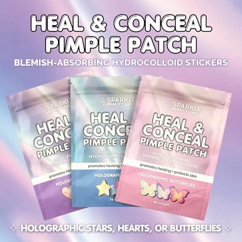 Sparkle Beauty Labs Heal & Conceal Pimple Patch - Cute Holographic Heart Shaped Acne Patches, Fun Hydrocolloid Zit Stickers for Face (Iridescent Hearts, 78 Count) - Thumbnail 6