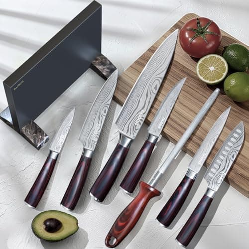 Black Knife Set With Block - 8 Pieces High Carbon Stainless Steel Magnetic Knife Set with Sharpener, Ultra Sharp Kitchen Knives Sets for Cooking with Ergonomic Handle - Thumbnail 2