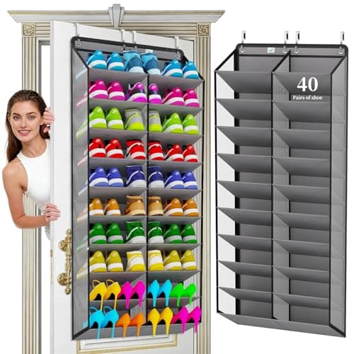 Heavy-Duty, over the door shoe organizer, Extra-Wide Large, shoe organizer, Holds 30 Pairs & Supports 100lbs, shoe rack, with Reinforced Grommets & Bamboo Rods, Fits Men's Size 12 & Boots, Grey - Image 1