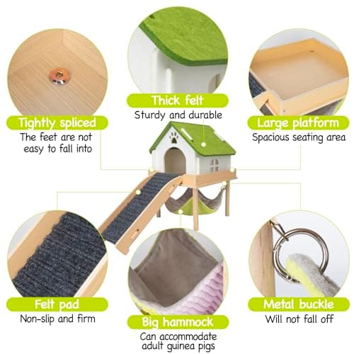 BESNEW 3 in 1 Enlarged Guinea Pig Hammock,Wooden Guinea Pig Hideout with House & Platform & Stairs Small Animal Toys for Hiding Sleeping Activities - Thumbnail 5