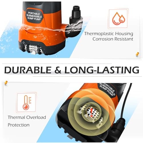 SHANGDA Sump Pump with Float 1HP Clean/Dirty Submersible Water Draining Pump 4500GPH Electric Portable Water Transfer Pumps for Pool Basement Garden Spa Hot Tubs Pond Flood Yard, Orange - Thumbnail 5
