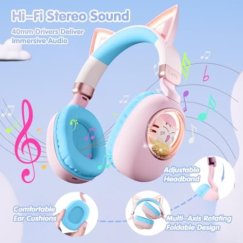sunvito Kids Headphones Bluetooth 5.4 - Cat Ear LED Light Up Noise Cancelling Wireless Headphones with Mic, 85dB Volume Limited, Wired & Wireless Mode for Travel/School/iPad - Thumbnail 4