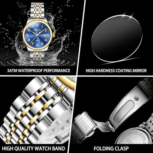 Taxau Watch Women Luxury Fashion Silver and Gold Two Tone Stainless Steel Watches for Women Blue Small Face Waterproof Women's Watches with Date Classic Dress Analog Quartz Ladies Watch Reloj Mujer - Thumbnail 6