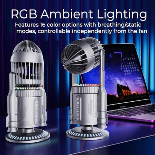 LAMJIE Rocket Desk Fan with Mist Humidifier, 5000mAh Portable Cordless Table Fan, RGB Gaming Room Decor, 180° Auto-Oscillating & Tilt, Quiet Personal Cooling for Office, Bedroom & Gifting (Silver) - Thumbnail 6