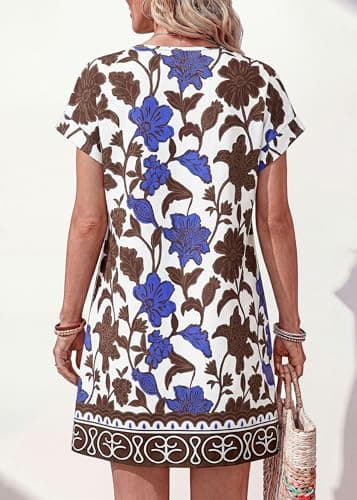 KIRUNDO Summer Dresses for Women 2026 Beach Sundress Spring Casual V Neck Boho Floral Vacation Outfits Cruise Resort Wear(Floral White Blue Brown, Medium) - Thumbnail 2
