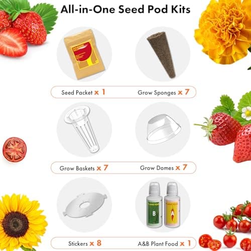 LYKOCLEAN Flower Fruit Seed Pods for AeroGarden, Ahopegarden, iDOO Hydroponics Growing System Indoor, 350 Seeds+ Including Dwarf Sunflower Bambino, Marigold, Red Tomato, Red Strawberry (7-Pods) - Thumbnail 4