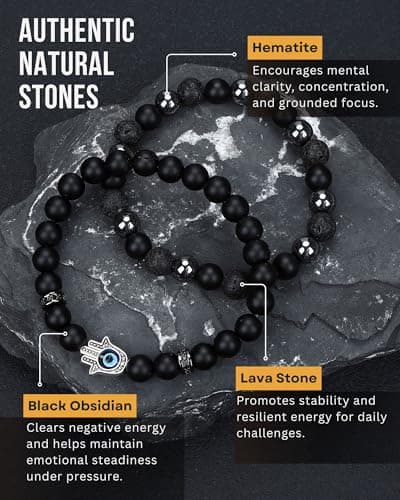 WestLuna Mens Black Obsidian Bracelet Set - Black Obsidian Hematite Lava Stone Triple Protection Bracelet w Evil Eye 8MM Stone Beaded Bracelets for Men Jewelry Gifts (Small) - Thumbnail 3