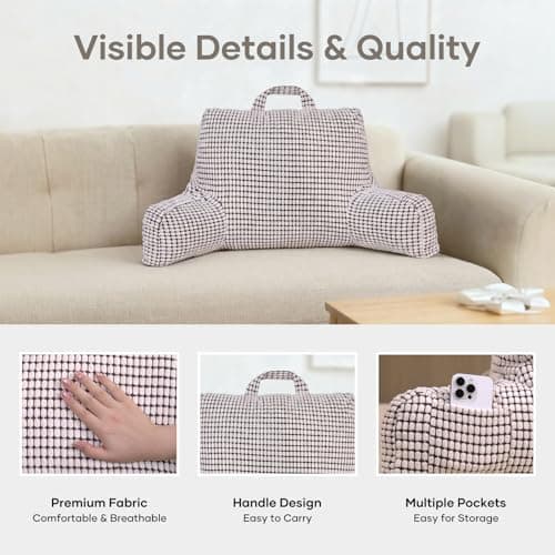 NOONTIDE Reading Pillow with Top Handle,Uniquely Designed Soft Fabric, Ergonomic Back Support for Bed,Cover Washable Sit up Pillow,Watching TV/Gaming/Relaxing(White) - Thumbnail 4