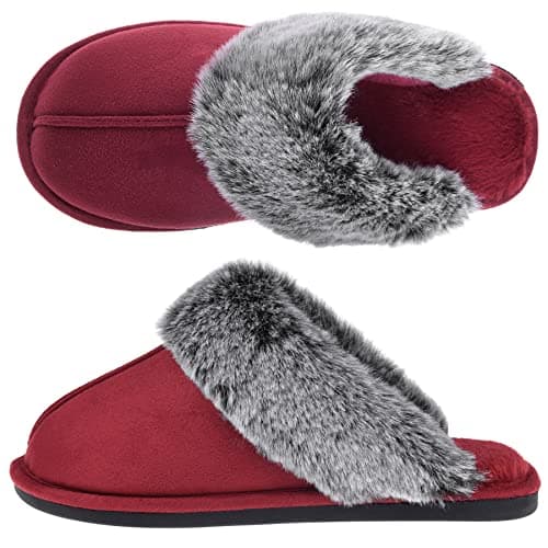 VANSARTO Women's Comfy Faux Fur Scuff Slippers Micro Suede Memory Foam Slip on Fuzzy Slide House Shoes Anti-Skid Sole, Wine, Size 9-10 - Image 1