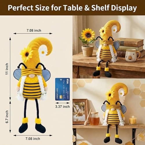 Lovinland Spring Decorations for Home, Office, Indoor - Yellow Honey Bumble Bee Sunflower Plush Gnomes Doll - Summer Gnome Gifts for Women - Bee Stuffed Sitters for Shelf Decor - Thumbnail 2