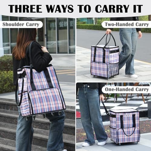 AnsTOP Reusable Grocery Bag on Wheels, 66LBS Foldable Shopping Cart with 5 Smooth Caster Wheels Zippered Top, Rolling Tote with Multiple Pockets for Groceries, Laundry, Travel, Camping,Medium,Colorful - Thumbnail 2