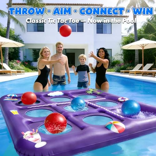 EPN Pool Games for Kids and Adults, 56” x 54” Inflatable Floating Tic Tac Toe Toss Game with 10 Balls, 2-in-1 Pool & Lawn Water Sprinkler Toy, Summer Pool Party Accessories for Backyard Fun, Purple - Thumbnail 3