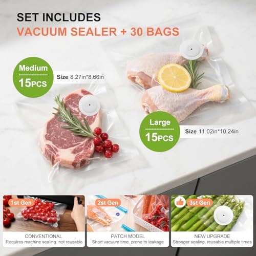Compact Vacuum Sealer Machine for Food Storage, 5S Fast Seal Powerful Food Vacuum Sealer with 30PCS Reusable Vacuum Bags, Automatic Handheld Food Saver for Storage, 10X Fresh, Sous Vide, Gift etc. - Thumbnail 5