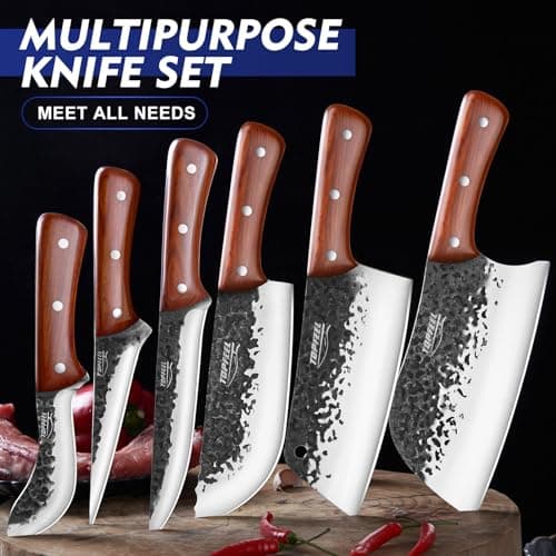 Topfeel 8PCS Chef Butcher Fish Knife Set for Meat Cutting with Roll Bag, Hand Forged Meat Cleaver Knife Boning Carving Knife Set for Home、Camping、BBQ - Thumbnail 5
