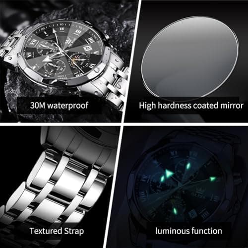 OLEVS Watch Men Luxury Black Face Sliver Stainless Steel Dress Waterproof Wrist Watches for Men Casual Analog Quartz Moon Phase Chronograph Mens Watch Relojes De Hombre - Thumbnail 5