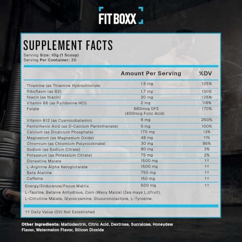 Fit Boxx FocusDrive Pre-Workout Powder – 150mg Caffeine, L-Arginine AKG, Dicreatine Malate, Beta-Alanine, Citrulline Malate, Electrolytes & Nootropics – Sugar-Free, 30 Servings- Watermelon - Thumbnail 3
