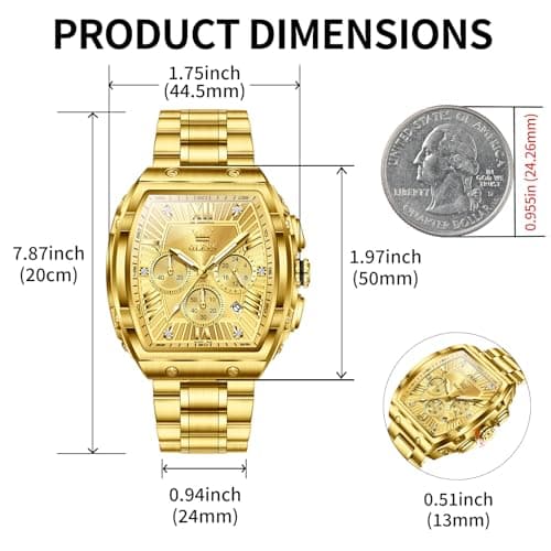 OLEVS Gold Watches for Men Luxury Large Face Rectangle Square Wrist Chronograph Waterproof Mens Watches Fashion Stainless Steel Dress Luminous Quartz Analog Moon Phase Calendar Relojes para Hombres - Thumbnail 4