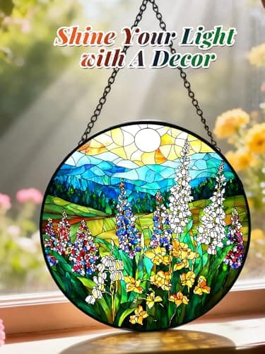Stained Glass Window Hanging, Wildflowers Plant Scenery Suncatcher for Door Home Decor,Valley Sunrise Sun Catcher Ornament Mother's Day Birthday Gifts for Women Men Mom 6.3 in - Thumbnail 2