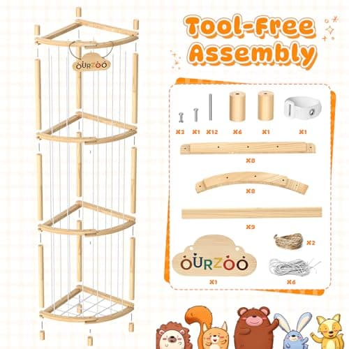 Wooden Stuffed Animal Storage Corner Organizer with Stability Strap, Space-Saving 1/4 Circular Plushie Holder for 30+ Plushies,Stuffed Animal Zoo Tower for Livingroom Organizer and Storage - Thumbnail 6