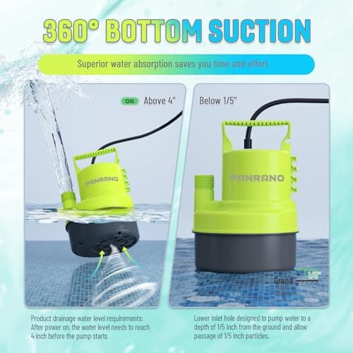 PANRANO 1 HP Submersible Water Pump 3500 GPH Portable Small Sump Pump For Pool Cover, Basements, Puddles, Gardens Ponds With 16.4 Ft Power Cord and Hose Adapters, Yellow - Thumbnail 3