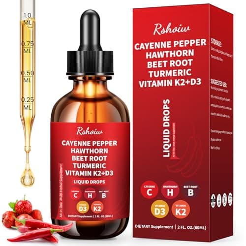 Cayenne Pepper Drops Supplement Liquid with Hawthorn Berry, Vitamin D3 K2, Turmeric Curcumin, Beet Root, Ceylon Cinnamon Vegan- Friendly - 60ml - Image 1