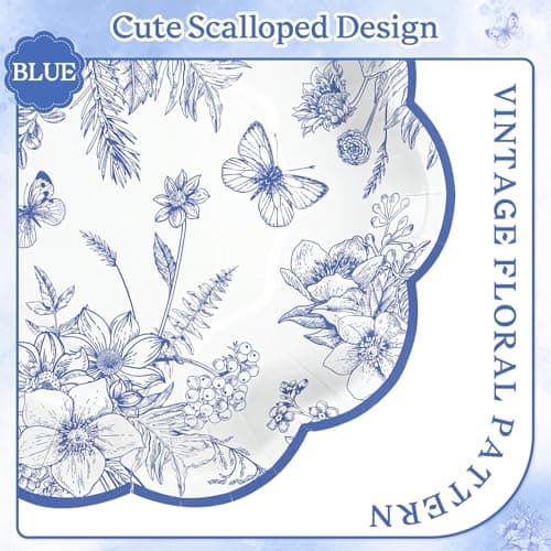 NatNarr 30 Pcs Blue Floral Paper Plates, 7 Inch Tea Party Plates Vintage Chinoiserie Flower Plate Disposable Blue and White Dessert Plate for Spring Garden Party Baby & Bridal Shower Birthday Wedding - Thumbnail 3
