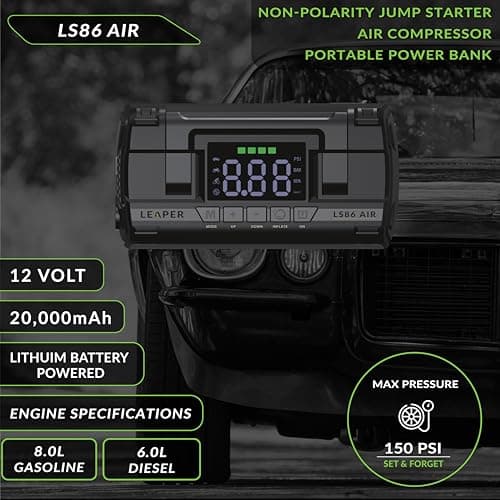 Leaper 12V Jump Starter, Black, with Air Compressor, 2000A Peak Current, 20000mAh Capacity, 3.6'' Digital Screen, Non-Polarized Green Clamps. Protective Carrying Case and a UL QC18W Fast Charger - Thumbnail 2