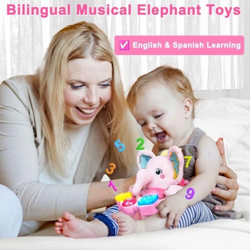 Holaxander Baby Elephant Musical Stuffed Animals Toy with Light-Up Music & Crinkle Sound Paper,Infant Bilingual Early Learning Education Toys,Tummy Time Toys for 0-3-6-12+ Months Boy Girl, Pink - Thumbnail 5