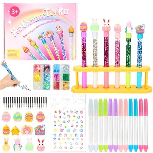 Rilcn Easter DIY Pen Making Kit for Girls, 50 PCS Easter Glitter Floaty Pens Craft Set, Makes 12 Sparkly Pens, Birthday Easter Gifts for Kids Tweens Ages 6 7 8 9 10 11 12 - Image 1