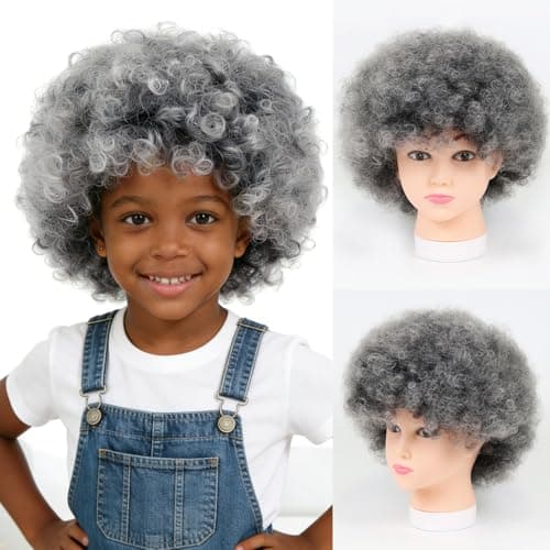 LQVEAIR Small Afro Wigs for Women Girls Adjustable Grey Disco Costume Wig With Bang 115gram Synthetic Afro Kinky Wigs For Daily (Small,Tgrey)