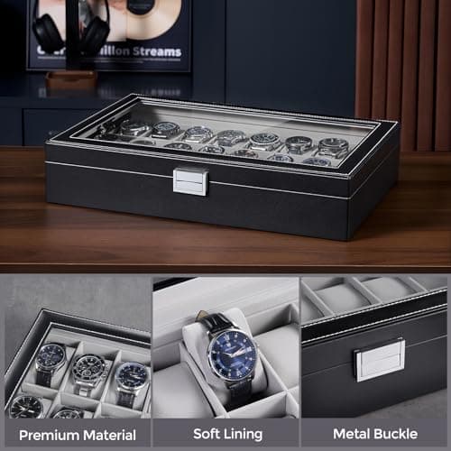 ProCase Watch Box for Men, 24 Slot Display Case with Real Glass Lid and Removable Pillows. Premium Storage Holder Organizer, Gift for Dad & Father's Day & Watch Collectors -Black - Thumbnail 6